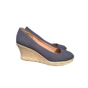 J Crew Canvas Espadrille Jute Wedge Platform Heel Shoe Flax Navy Blue AL003 Sz 8